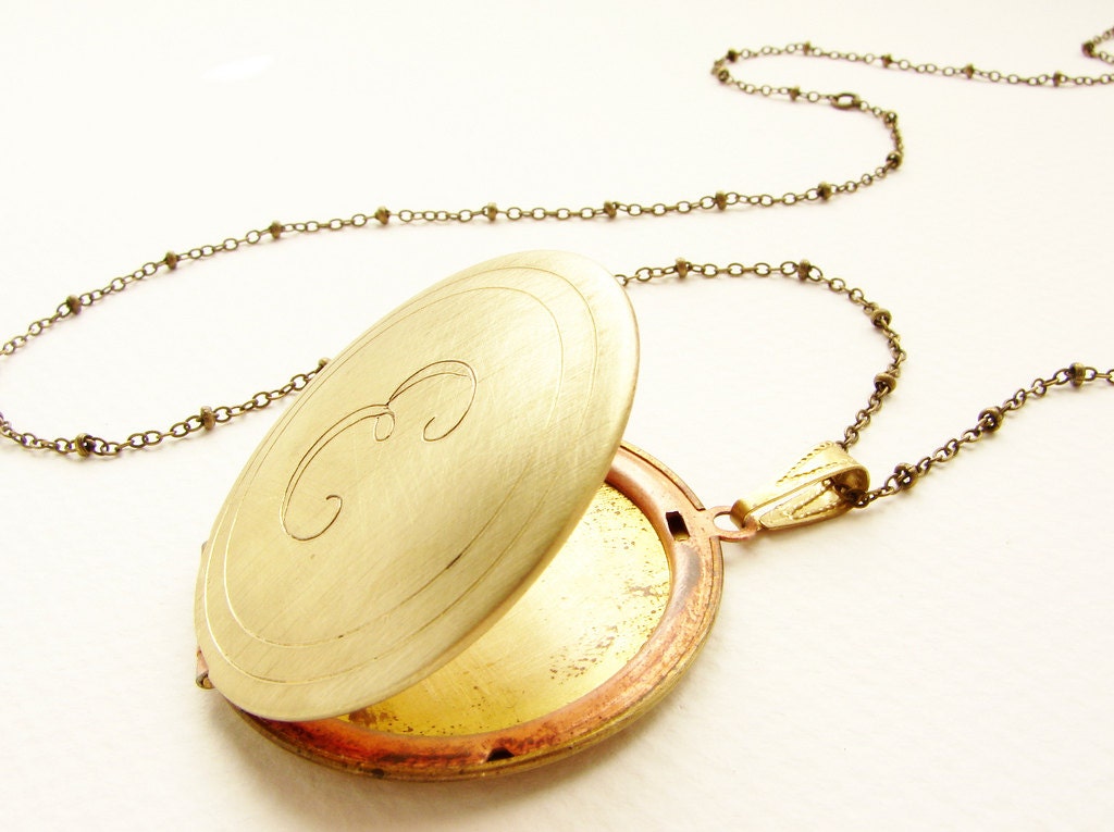 Initial necklace, vintage locket initial monogram brass gold locket necklace bridal party wedding locket necklace