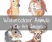 Watercolour Animals Clip Art - Doe, Deer, Squirrel, Stag Head, Rabbit, Digital Clip Art, Woodland Animals, INSTANT DOWNLOAD