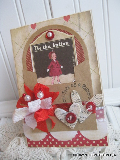 cottage cute as a button card- little girl card- mini envelope handmade card