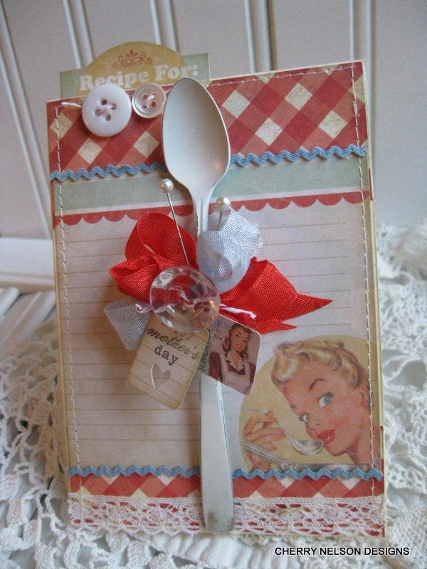 mothers day card- kitschy cottage card- vintage spoon handmade card