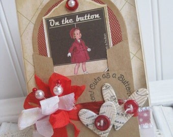 cottage cute as a button card- little girl card- mini envelope handmade card