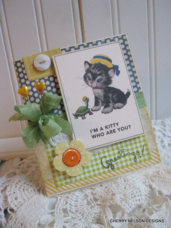 KITSCHY cat card- Kitty and turtle meet and greet- Greetings handmade card
