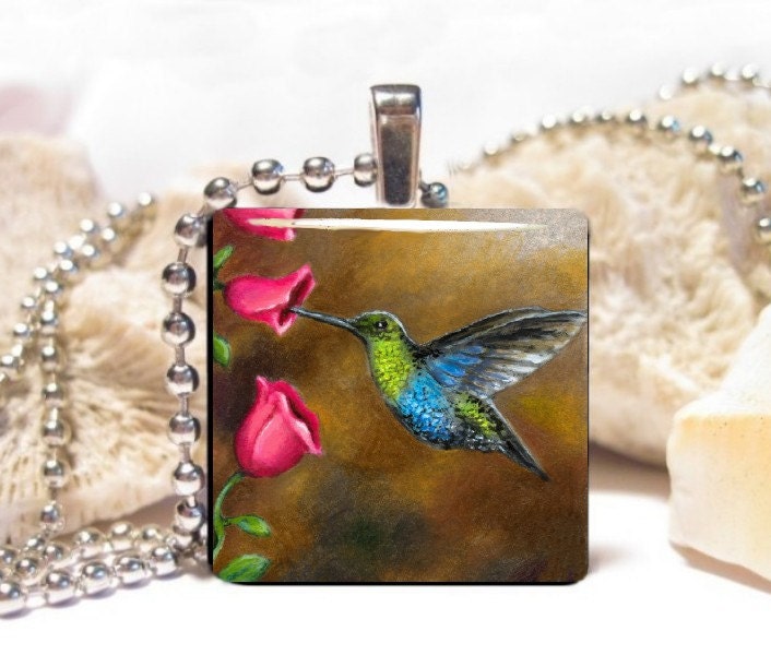 Wood Art Pendant 1x1 Cat 571 bird only Hummingbird Jewelry Necklace from art painting by L.Dumas