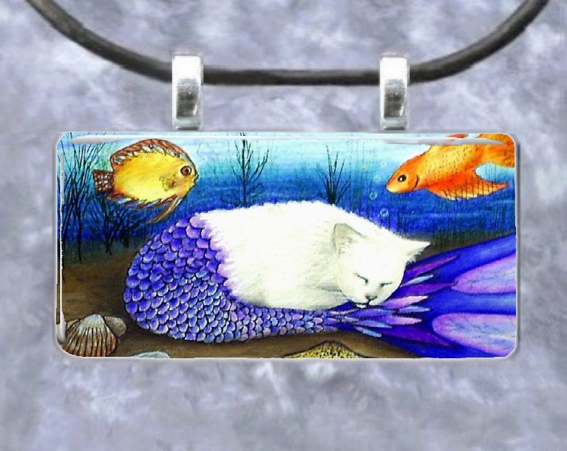 Art Glass Pendant Rectangle Jewelry Necklace 2 bails Cat Mermaid 4 fantasy painting by L.Dumas