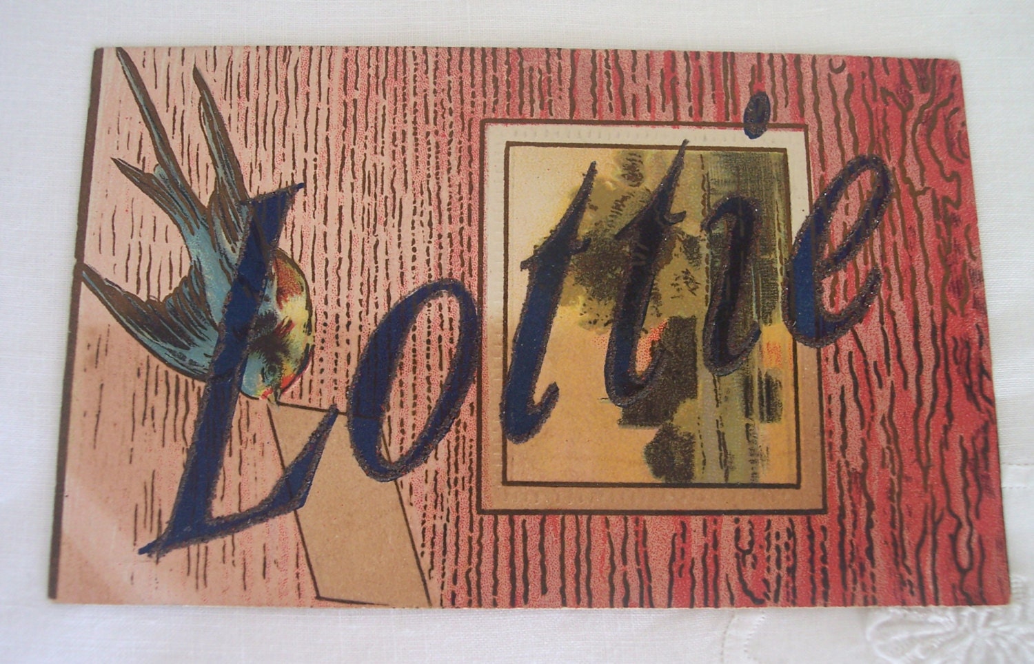 Vintage Postcard Glitter Name Bird with Landscape