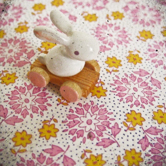 Bunny on Pink - Toy photography, white rabbit, floral nursery art, little girls room decor, whimsical art 8x8 Print