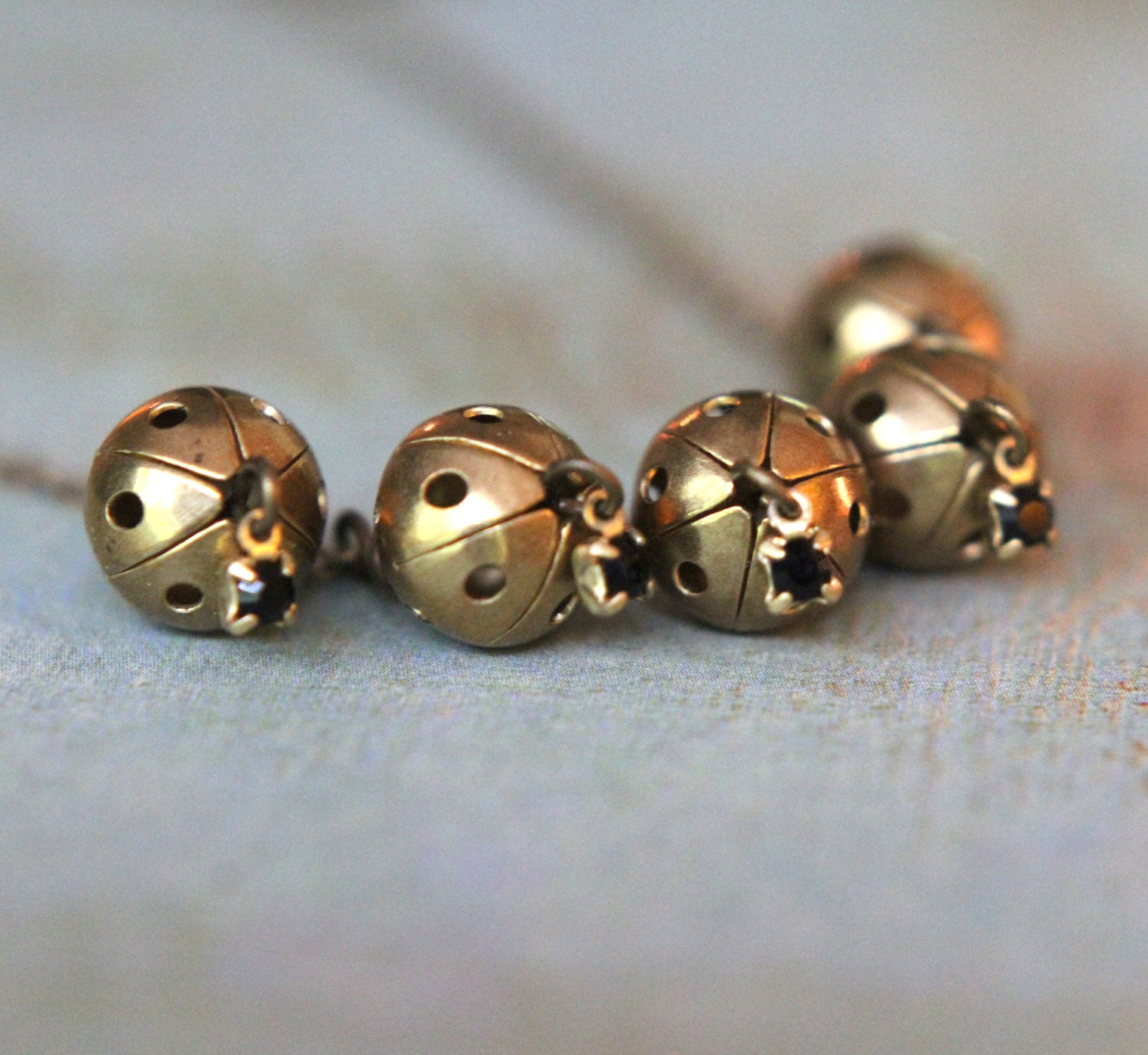 Bohemian Incense Ball Necklace - Brass Balls with Tiny Black Crystal Dangles - Tribal, Ethnic - Gift Box