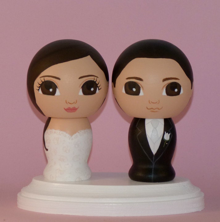Custom Wedding Cake Toppers with Pedestal Hand Painted on Wooden Kokeshi Dolls