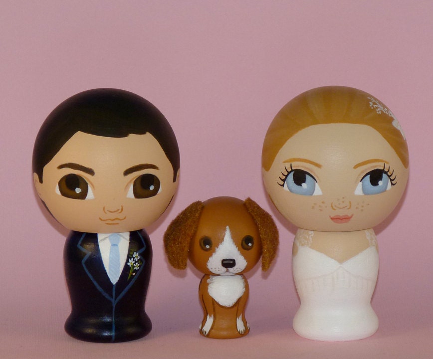Custom Wedding Cake Toppers with Pet Hand Painted on Wooden Kokeshi Dolls