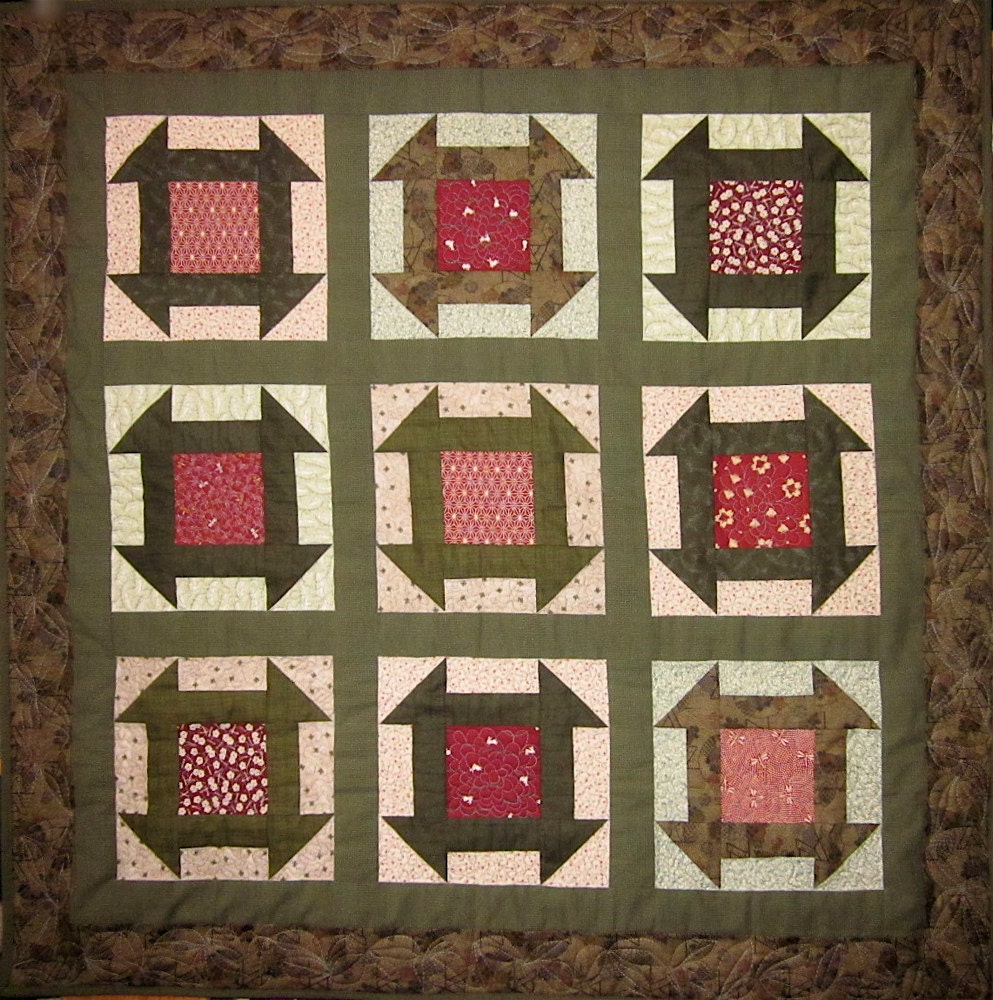 Patchwork Quilt - olive and red Japanese Churn Dash wall hanging