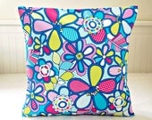 retro style cushion cover, blue lime pink  flowers floral decorative pillow cover 16 inch