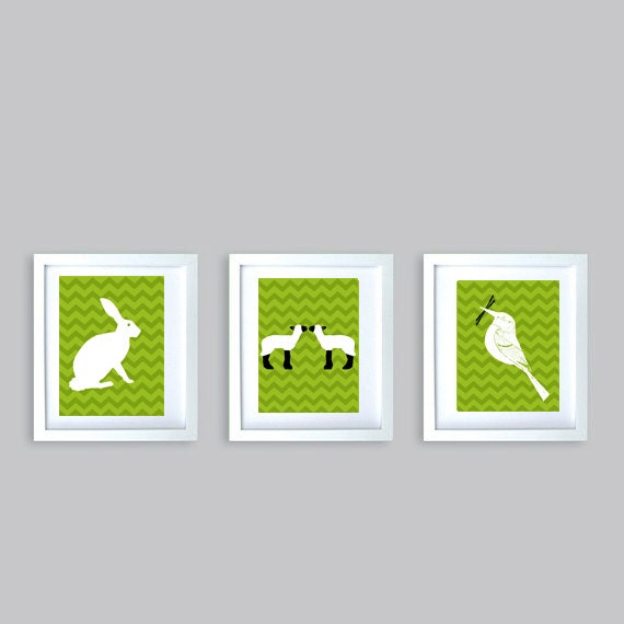 Nursery decor three animals - rabbit,lambs and bird, springtime animals,nursery spring,spring green,chevron