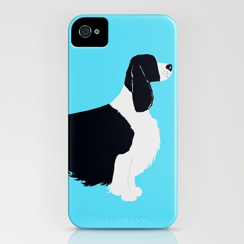 Springer Spaniel Dog  on iPhone Case - (4S, 4, 5) Blue design, iPhone 5, silhouette,  robust,  black and white dog