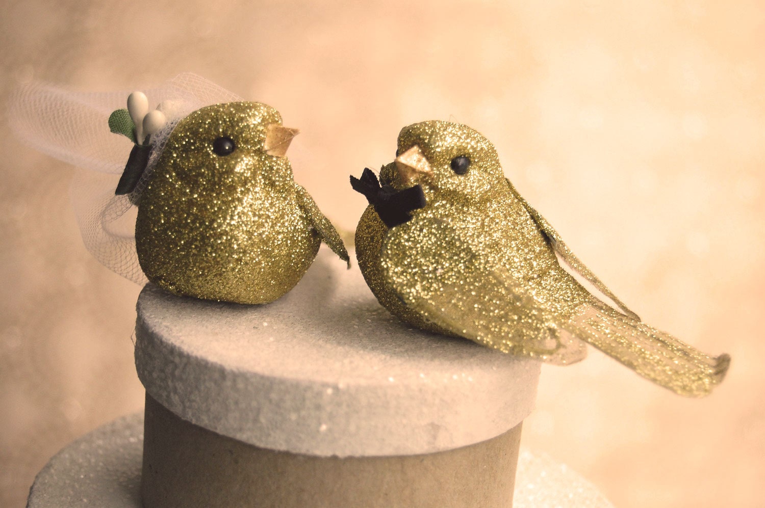 Free Shipping -- Glittery Gold Love Birds: Vintage Inspired Bride & Groom Anniversary and Wedding Cake Topper