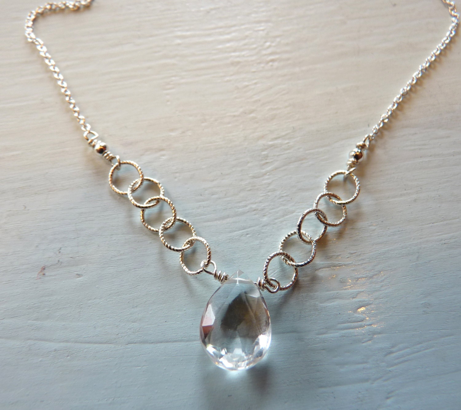 Rock Crystal Quartz Circle Chain Necklace in Sterling Silver April Birthstone