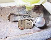 Bridal Bouquet Pin Custom Stamped with Wedding Date, Monogram, Initials - Something Blue 12mm Pearl or Agate