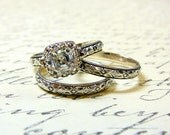 Vintage Engagement Sterling Silver Swarovski Asscher cut CZ with matching Floral Band with Tiara Crown like bezel - Wedding