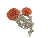 Art Deco Brooch DC Coral Celluloid French Cut Crystals 1920 Art Deco Jewelry