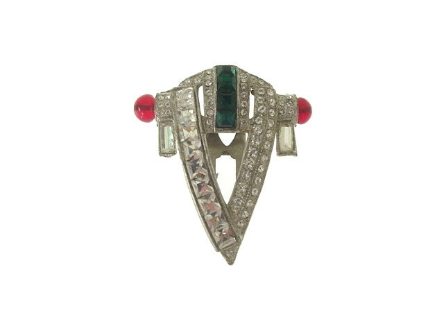 Art Deco Brooch Dress Clip Emerald Green Vintage Rhinestone1920s Art Deco Jewelry