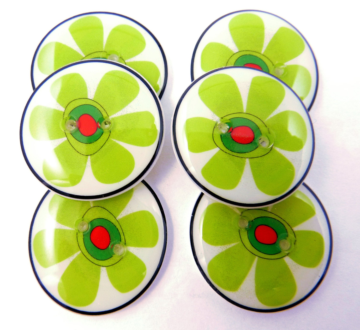 6 Lime Green Flower Buttons. Handmade  buttons. 3/4" or 20 mm round.
