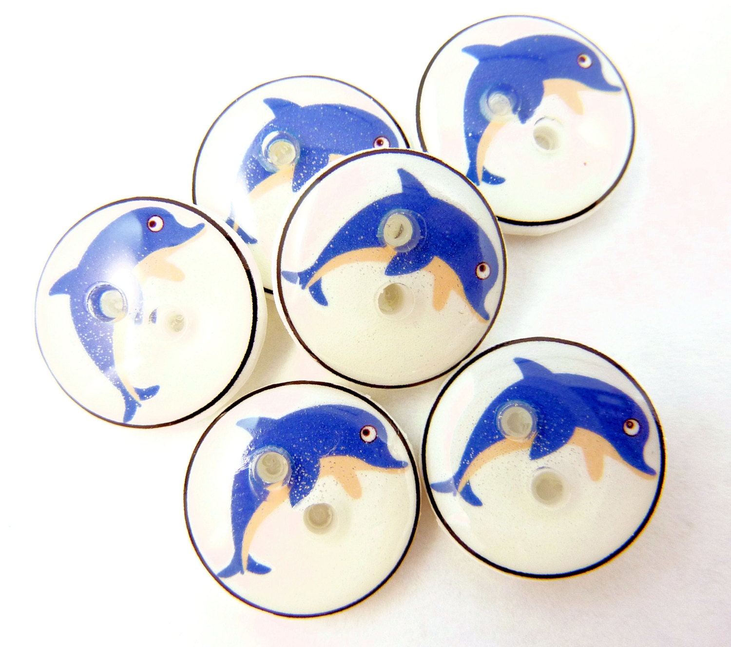 6 SMALL Dolphin Buttons. Handmade Buttons. Sea Life Buttons. 1/2" or 15 mm.