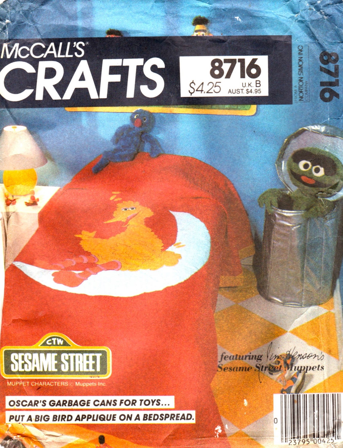 McCalls 8716 697 1980s Sesame Street Oscars Garbage Can Toy Hamper and Big Bird Bedspread Pattern Home Decor Vintage Sewing Pattern Uncut