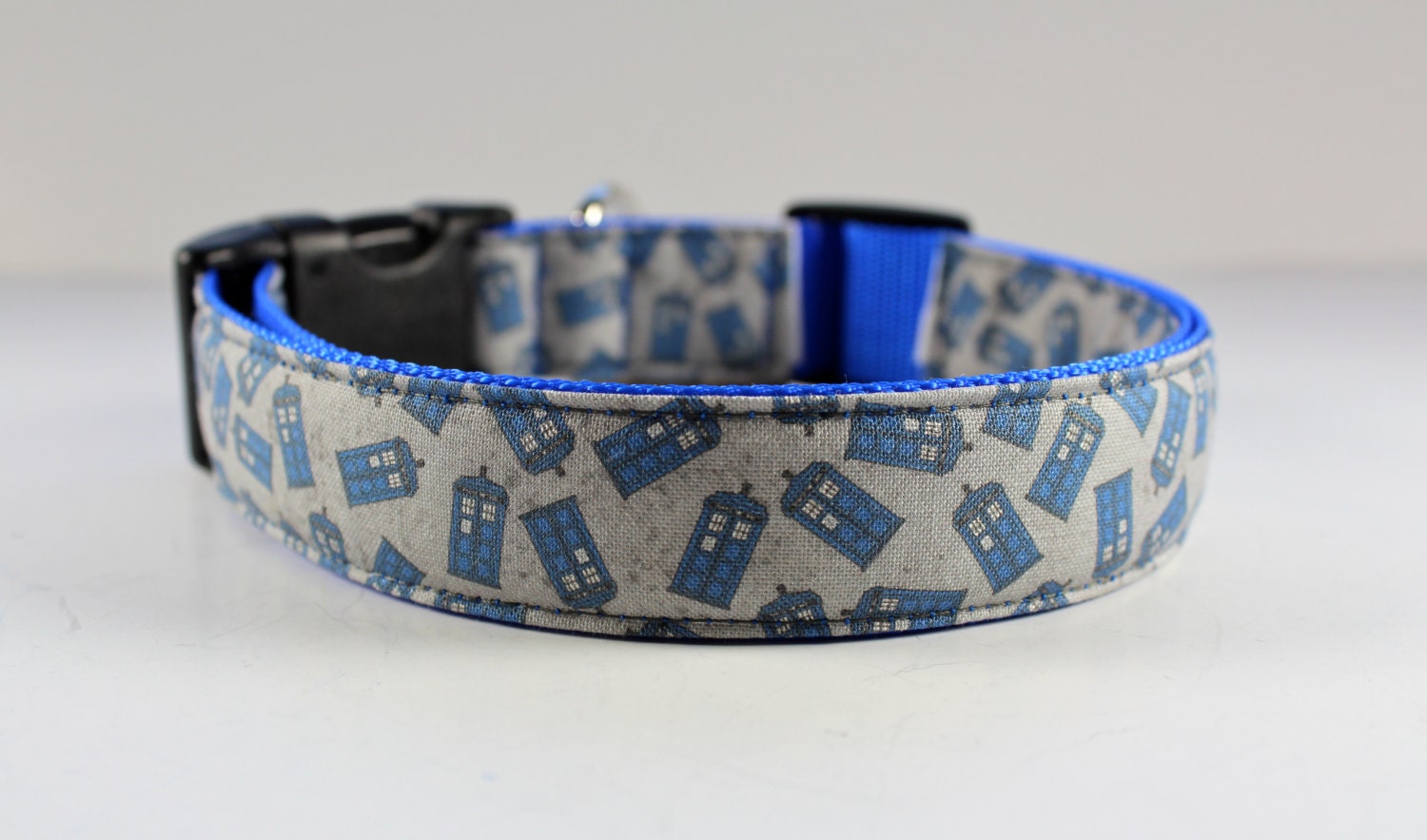 Dr. Who dog collar "Tardis" on grey background-- you pick size needed
