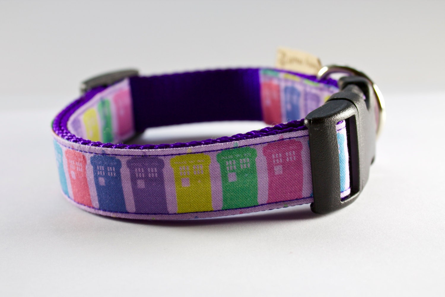 Techno Color Doctor Who Tardis dog collar on purple webbing 1" wide-- you pick length