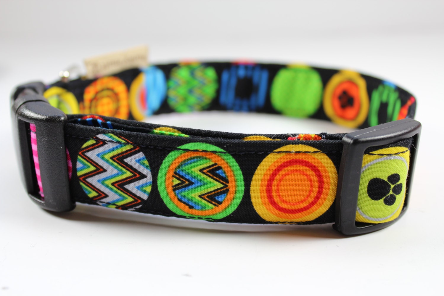 Chevron dog collar in colorful patterns with paw prints-- you pick size