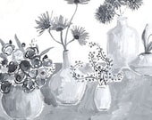 Black and White Vases with Wildflowers Archival Print