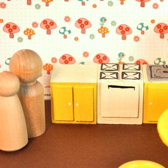 Wooden Toy, Dollhouse Wooden Play Set Kitchen (2" wooden Peg Doll) / Waldorf Toy