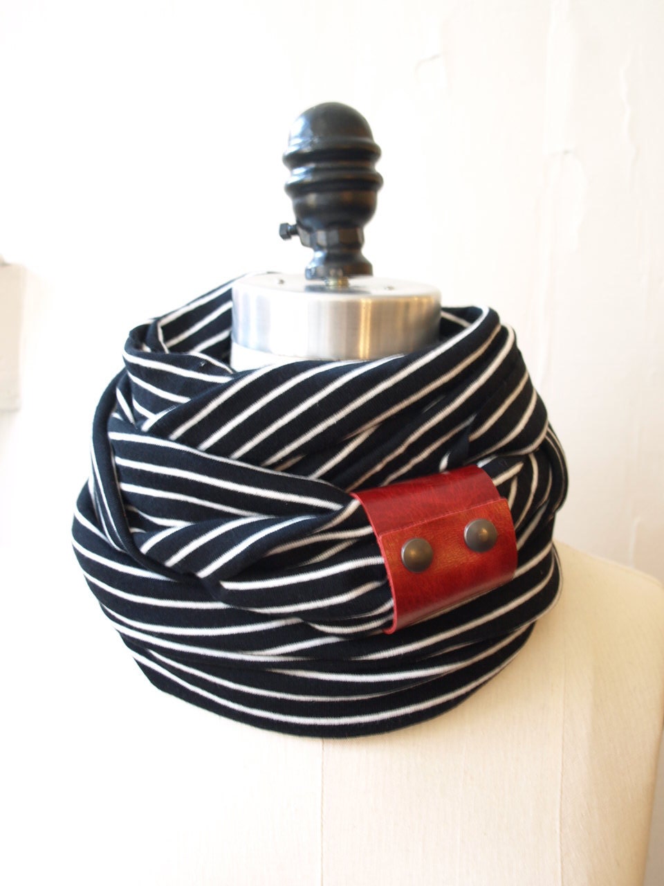 Black and white stripes circular infinity scarf with red  leather cuff