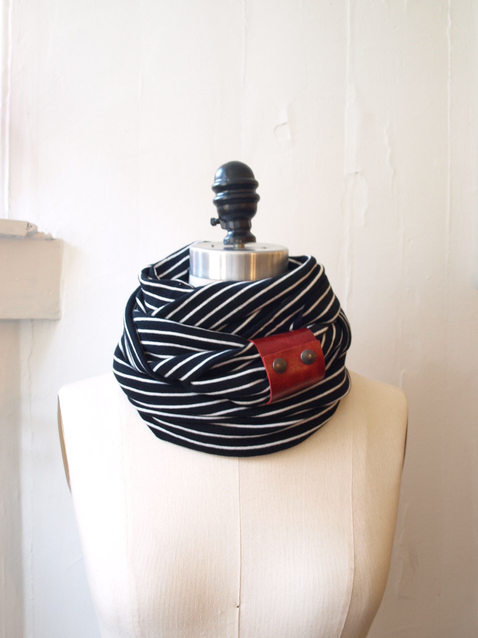 Black and white stripes circular infinity scarf with red  leather cuff