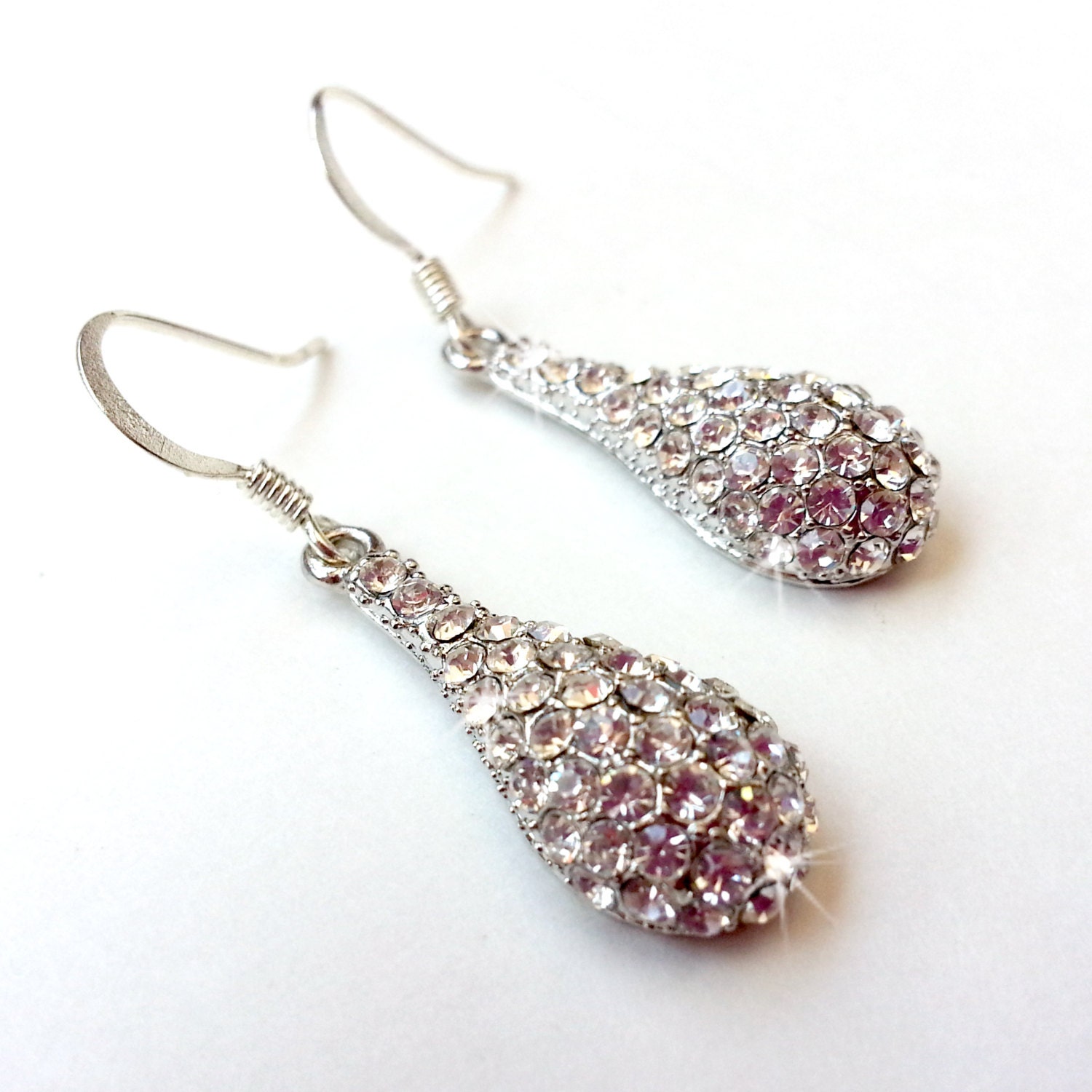 Rhinestone Encrusted Dangles in Silver - Crystal Teardrop Earrings
