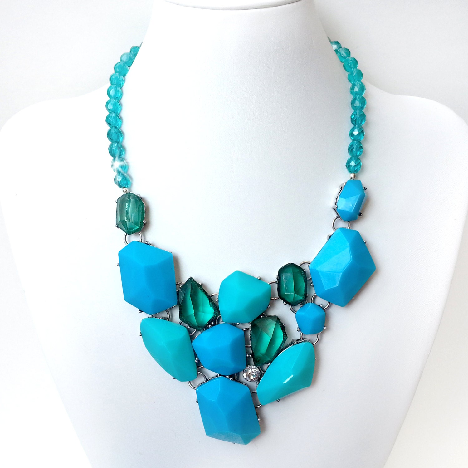 Shades of Aqua Bib Necklace - Czech Glass Beads - Beaded Teal Turquoise Green
