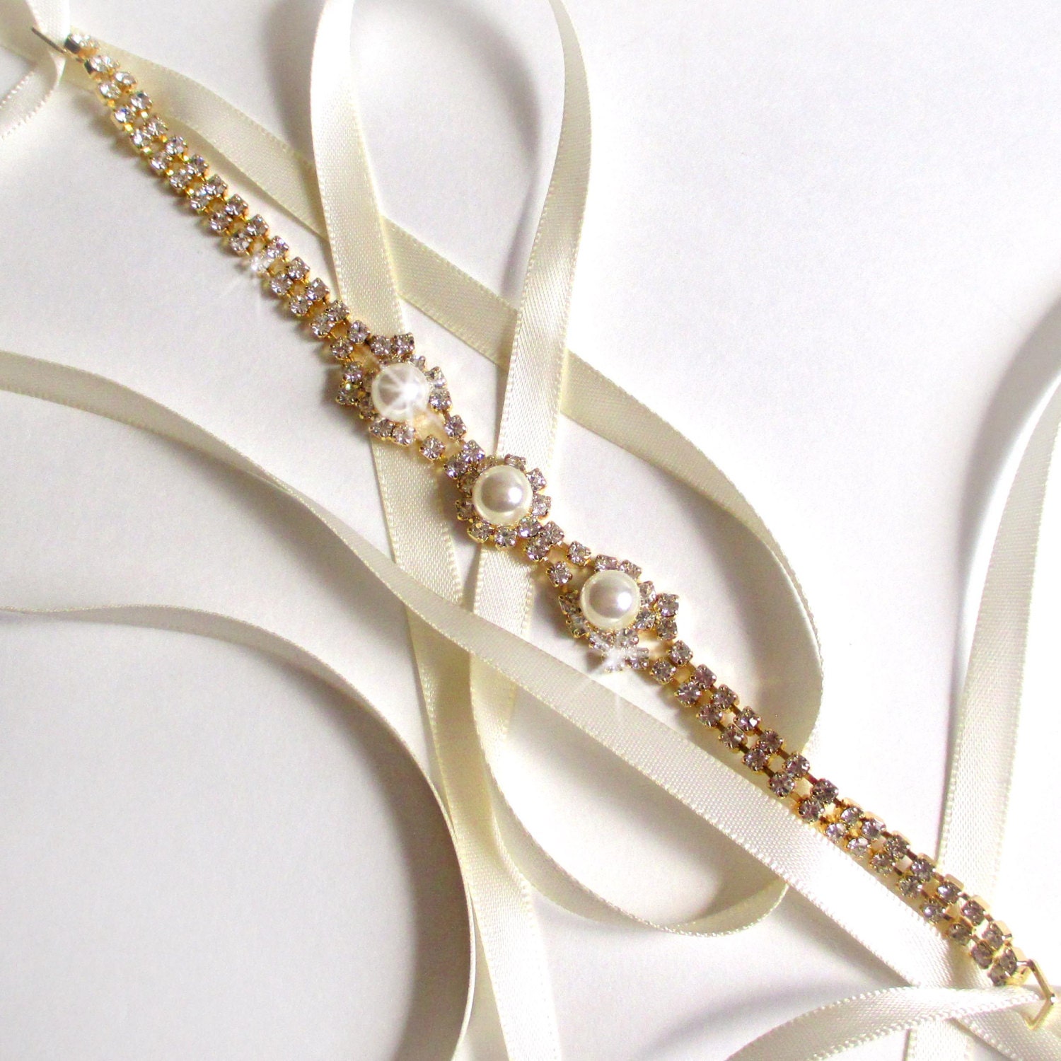 Gold Rhinestone Ribbon Bridal Headband - White or Ivory Satin - Gold Crystal Pearl