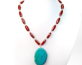 Turquoise and Red Necklace - Silver Turquoise Pendant - Statement Chunky Beaded