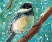 Chickadee in Winter 5 x 7 open edition print of original painting by artist Michelle Lake