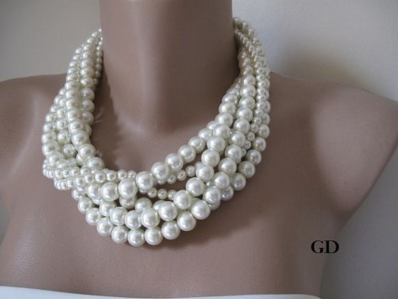 Bold Bridal,chunky layered ,ivory pearl  necklace,Handmade Wedding,bride,bridesmaids