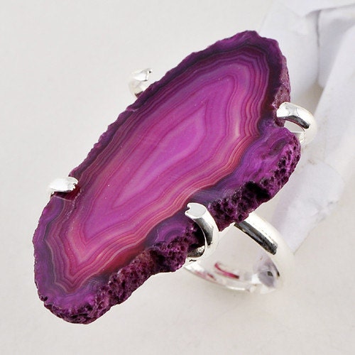 Dark pink red agate slice silver ring US Size 7-1/2  OOAK