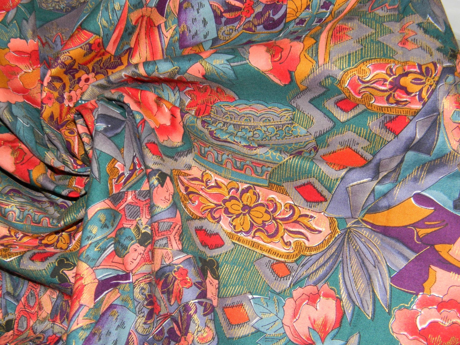 Asian Scene On Teal with Metallic Gold Highlingts Half Yard