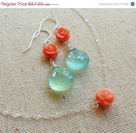 ON SALE Turquoise & Coral Necklace and Earring Gift set, bridesmaid gifts, Tiffany blue Jewelry, Turquoise and Orange, sterling silver