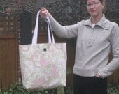 Beach Bag large tote in mint green pink floral & polkadot fabric for diapers, bridesmaids, knitting, Mother's Day Large REVERSIBLE