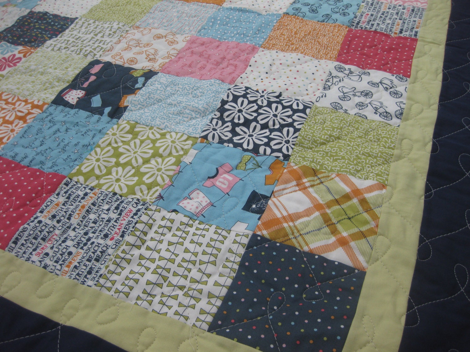 Beach quilt lap throw patchwork navy blue green orange pink teal in "Lucy Crab Shack" fabrics sofa couch bed accent bicycle quilt