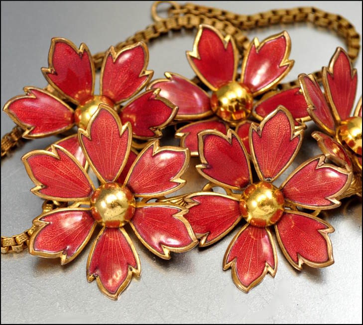 Guilloche Enamel Art Deco Necklace Flower Gold Brass Vintage 1930s Art Deco Jewelry