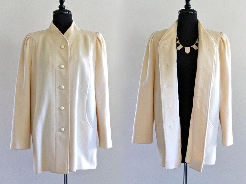 80s Cream Wool Blend Puff Sleeve Winter Evening Longline Coat Jacket . L . XL . H . No.41.1.16.13