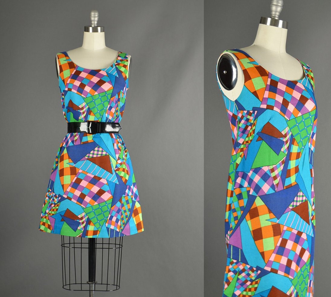 Vintage 1960s Dress, 60s Dress mini geometric abstract linen shift dress mod day dress