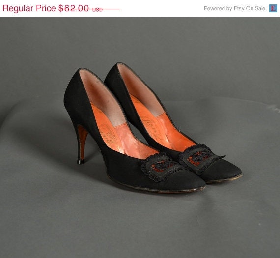25% Off Sale Vintage 1950s Shoes, 50s Heels, lace black designer square toe cocktail party heels