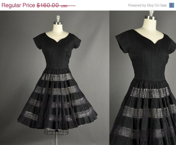25% Off Sale Vintage 1950s Dress full skirt, 50s Dress lace black cotton designer Mexican dress cha cha