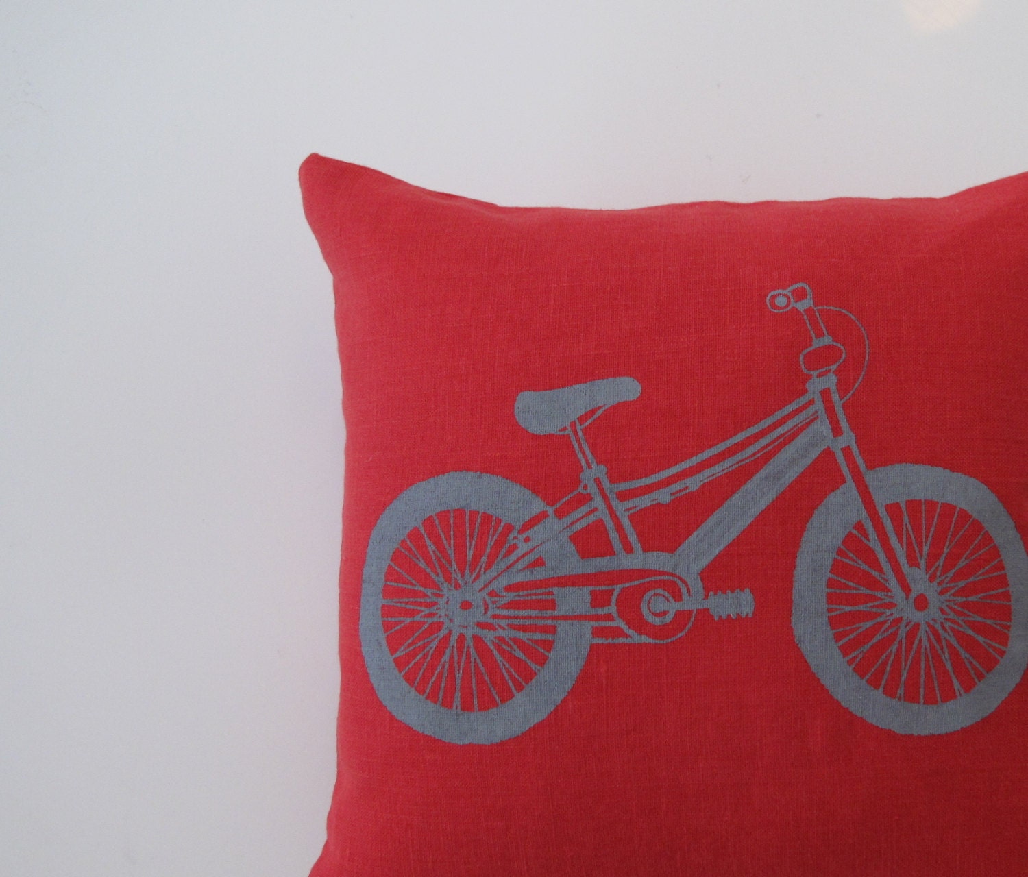 Pillow Cover - Cushion Cover - Bicycle in Gray on Red Linen - 12 x 12  inches